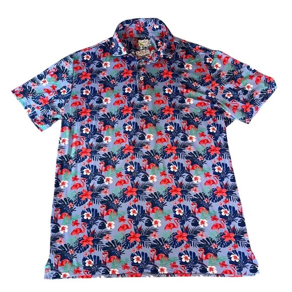 Mens Tailor Byrd Tropical Flamingo Print Blue/Red Wicking SPF 30 Polo Shirt - L - Picture 1 of 6
